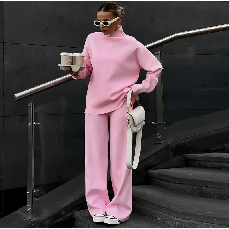 Solid Turtleneck Sweatshirt Set With Wide Leg Pants for Women