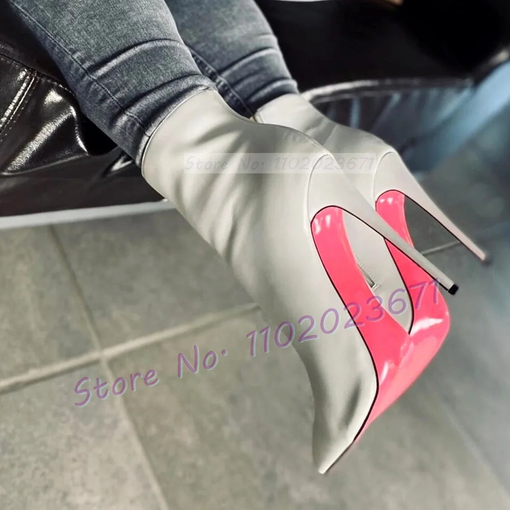 Pink Sole White Ankle Boots Women Pointed Toe Stylish Patent Leather High Heels Boots Female Elegant Casual Crocodile Shoes
