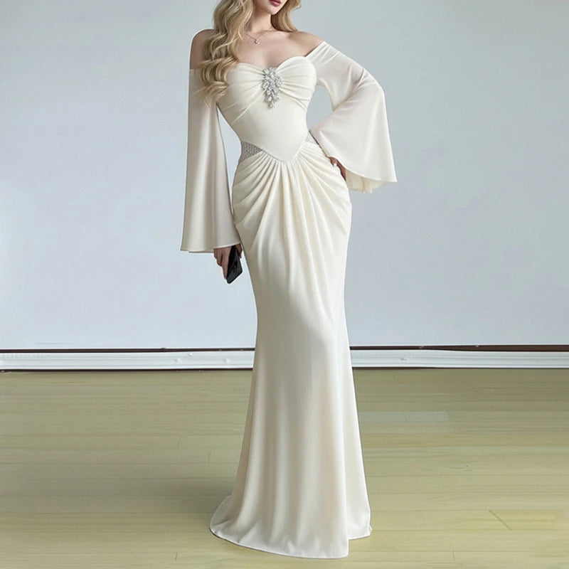 2026 Sexy Backless Draped Party Dress Elegant Strapless Flared Sleeves Evening Dress Women Fashion Hight Waist Solid Long Dress