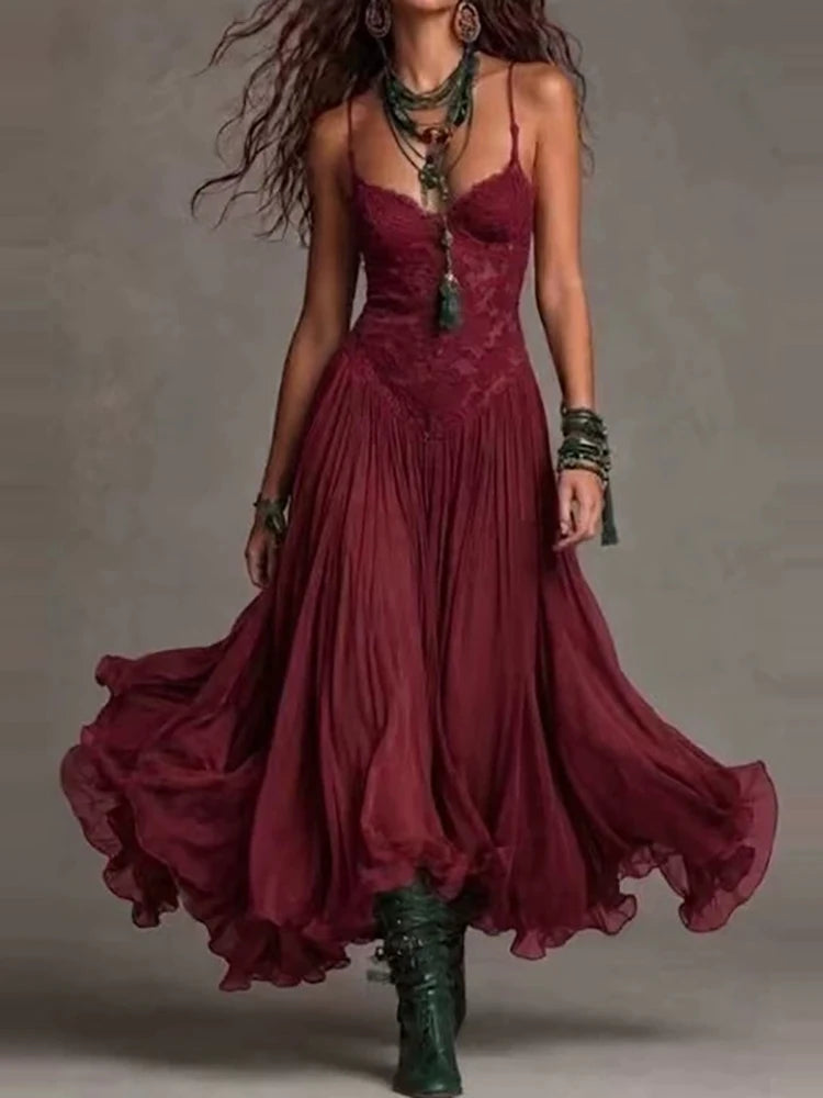 Backless V Neck Spaghetti Strap Maxi Dress for Women