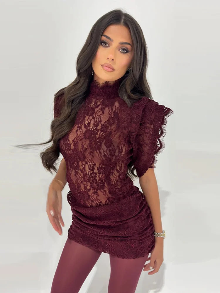 Sheer Lace Flared Sleeve Knee Length Party Dress for Women