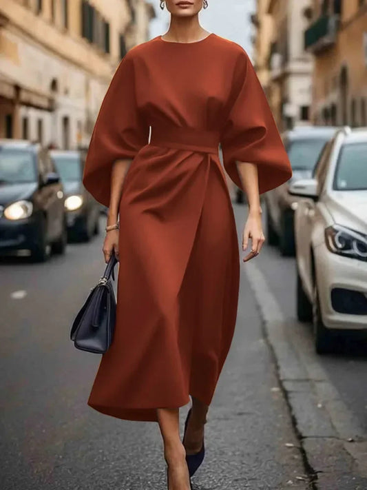 Beautyblue Long Dress for Women Fashion Summer Elegant Dresses 2025 New Round-Neck Puff Sleeves Pleated Party Evening Dress