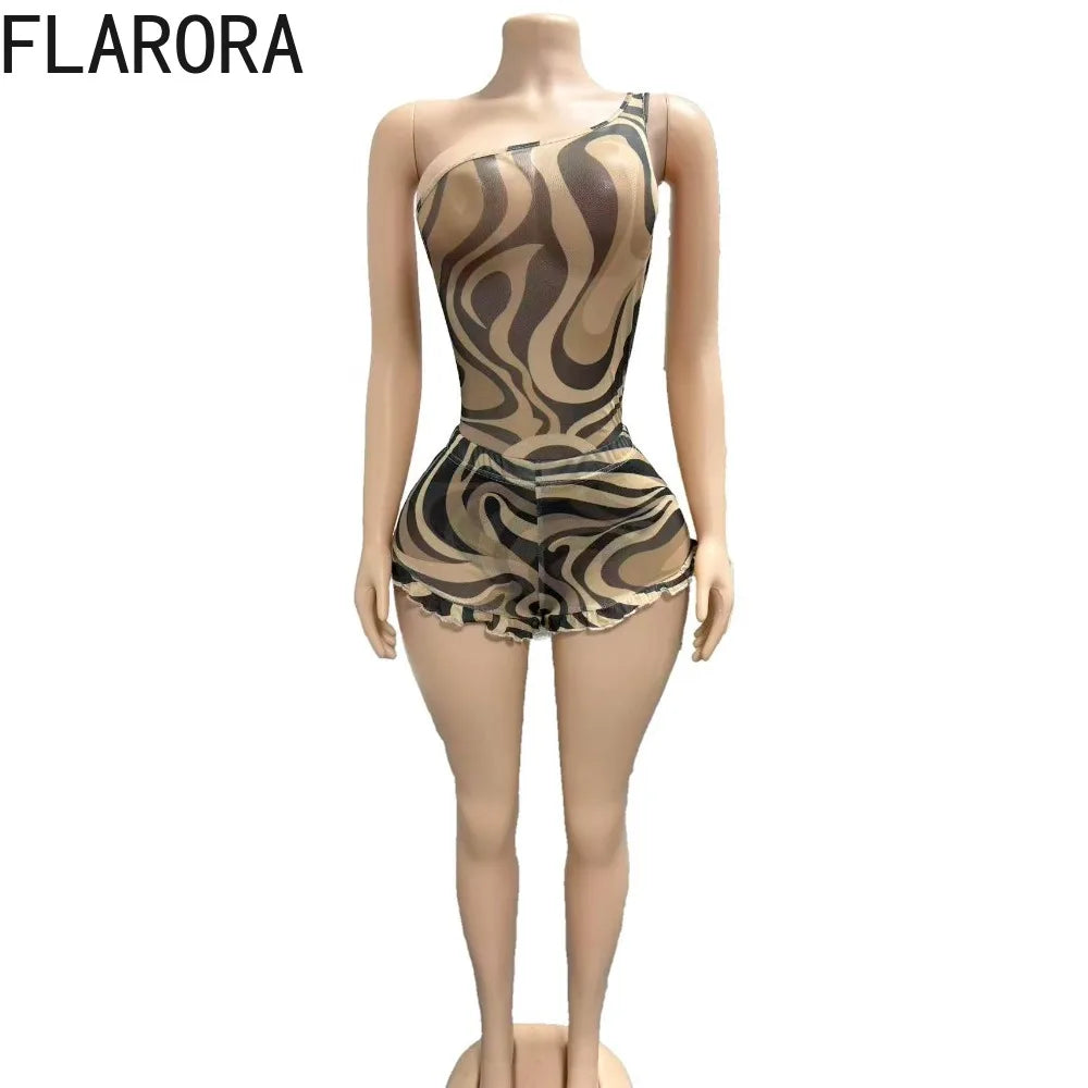 Zebra Print Mesh Two Piece Party Outfit Set for Women