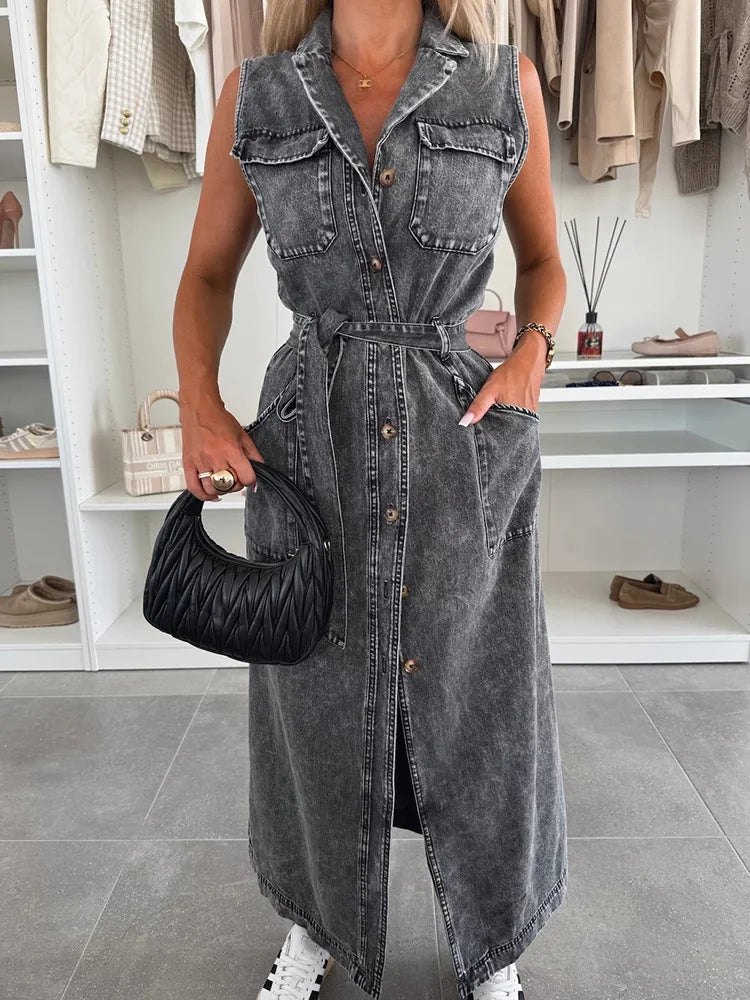 Single-Breasted Lace-Up Cardigan Dress, Women Summer Denim Style Sleeveless Maxi Dress, 2025 Solid Turn-Down Collar Ladies Dress