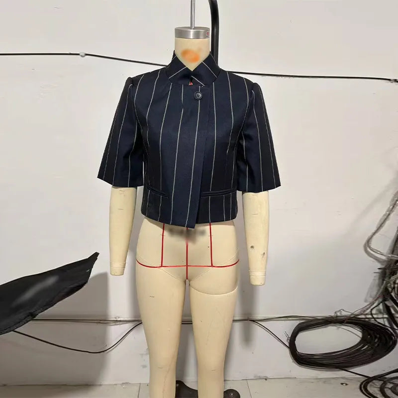 Elegant Striped Two Piece Coat and Pants Set for Women