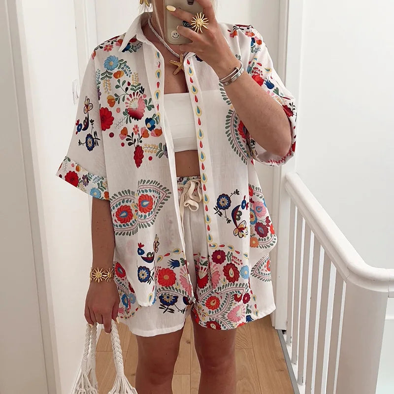 Women Cardigan Top Shorts Two Pieces Sets, Summer Holiday Fashion Half Sleeve Chic Outfit, 2025 Print Elastic Waist Ladies Suits