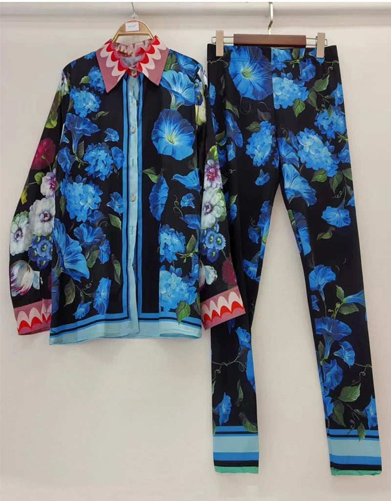 Retro Print Lapel Shirt Two Piece Suit