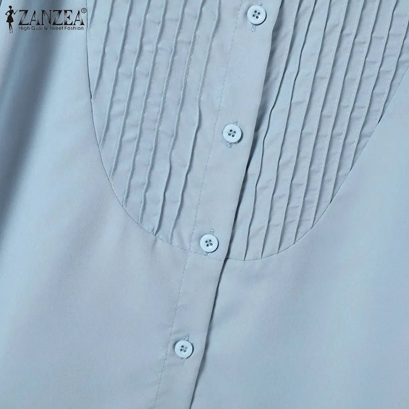 ZANZEA Women Vintage Pintuck Shirts Casual Turn-Down Collar Half Puff Sleeve Button Up Chemises Femme Street Fashion Solid Tops
