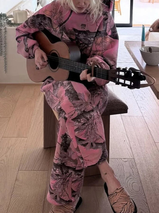 Y2K Street Clothes Sports Set Men Women Hip Hop Retro Leaf Camouflage Loose Hoodie Two Piece Set Fashion Punk Rock Sports Pants