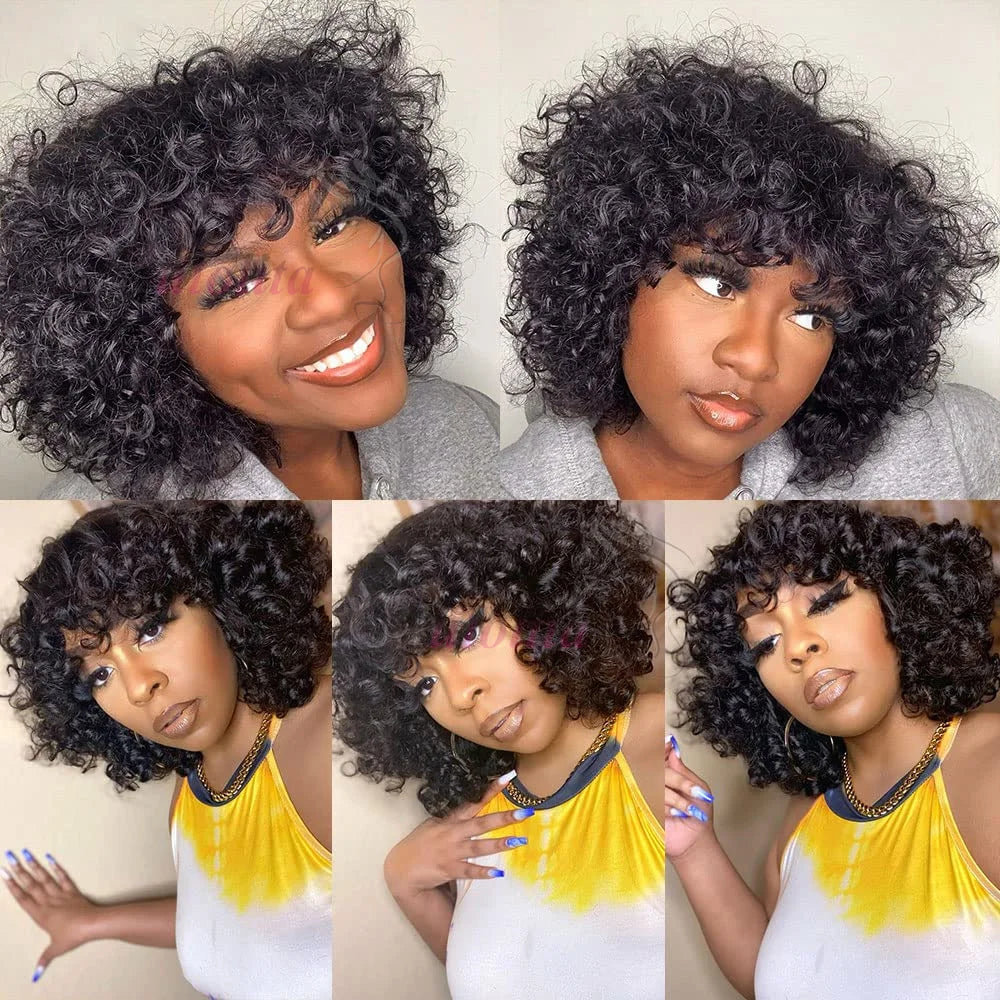 Bouncy Curly Pixie Bob Human Hair Wig With Bangs for Women