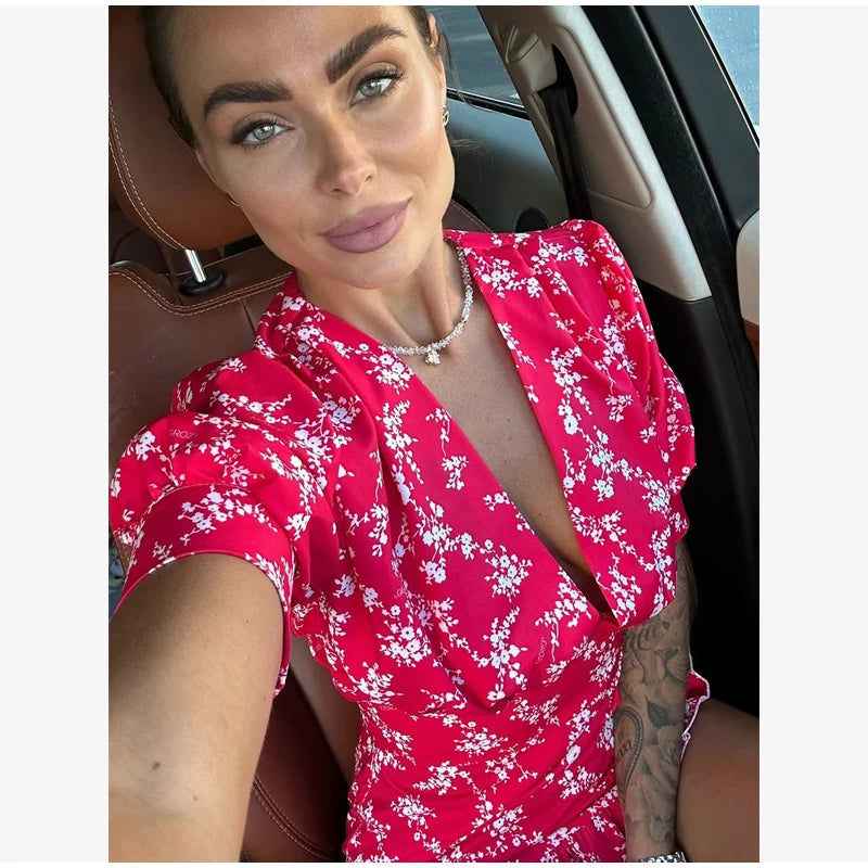 Floral Printed Lace Up Puff Sleeve Mini Dress for Women