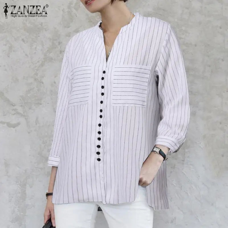 ZANZEA Fashion Stripe Printed Shirt Summer  3/4 Sleeve V-Neck Blouse Female Casual Blusas Mujer Woman Elegant Loose Korean Tops