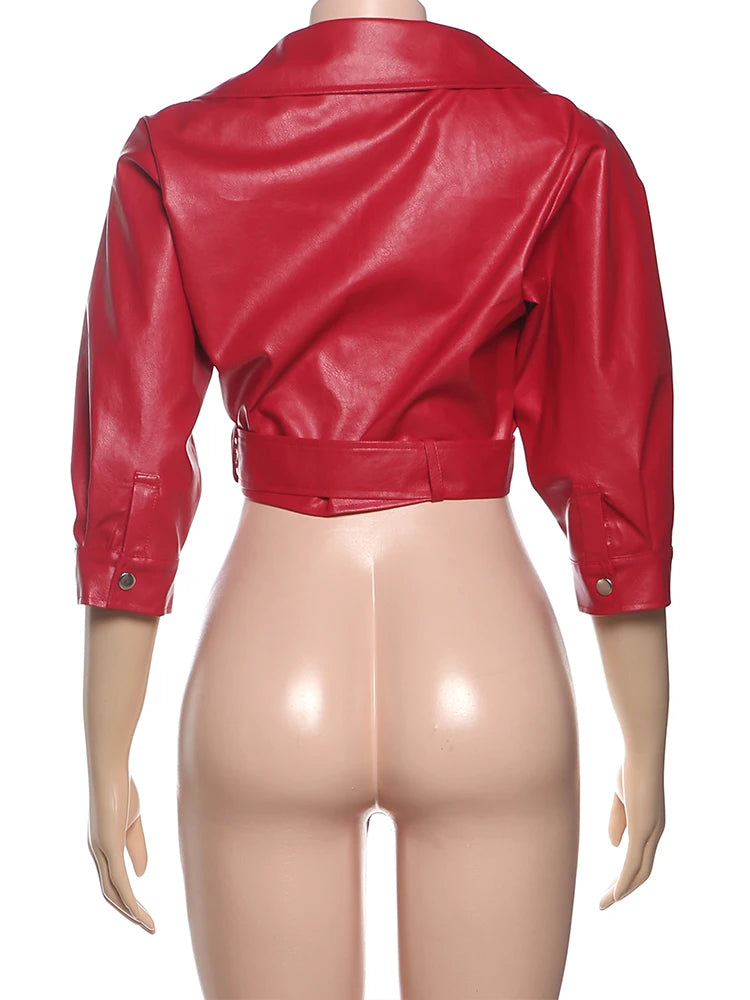 Elegant Belted Faux Leather Cropped Jacket for Women