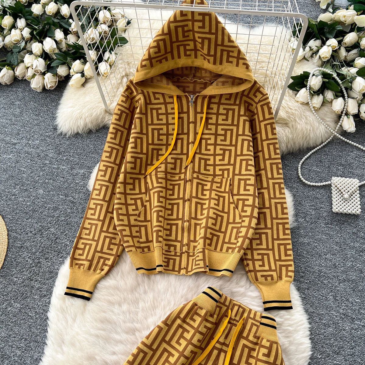 Geometric Print Hooded Knit Two Piece Set for Women