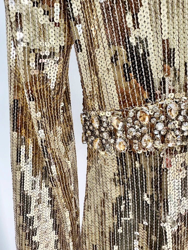 HIGH STREET Newest Fashion 2026 Designer Party Vestido Women's Long Sleeve Gold Sequined Diamonds Long Maxi Dress