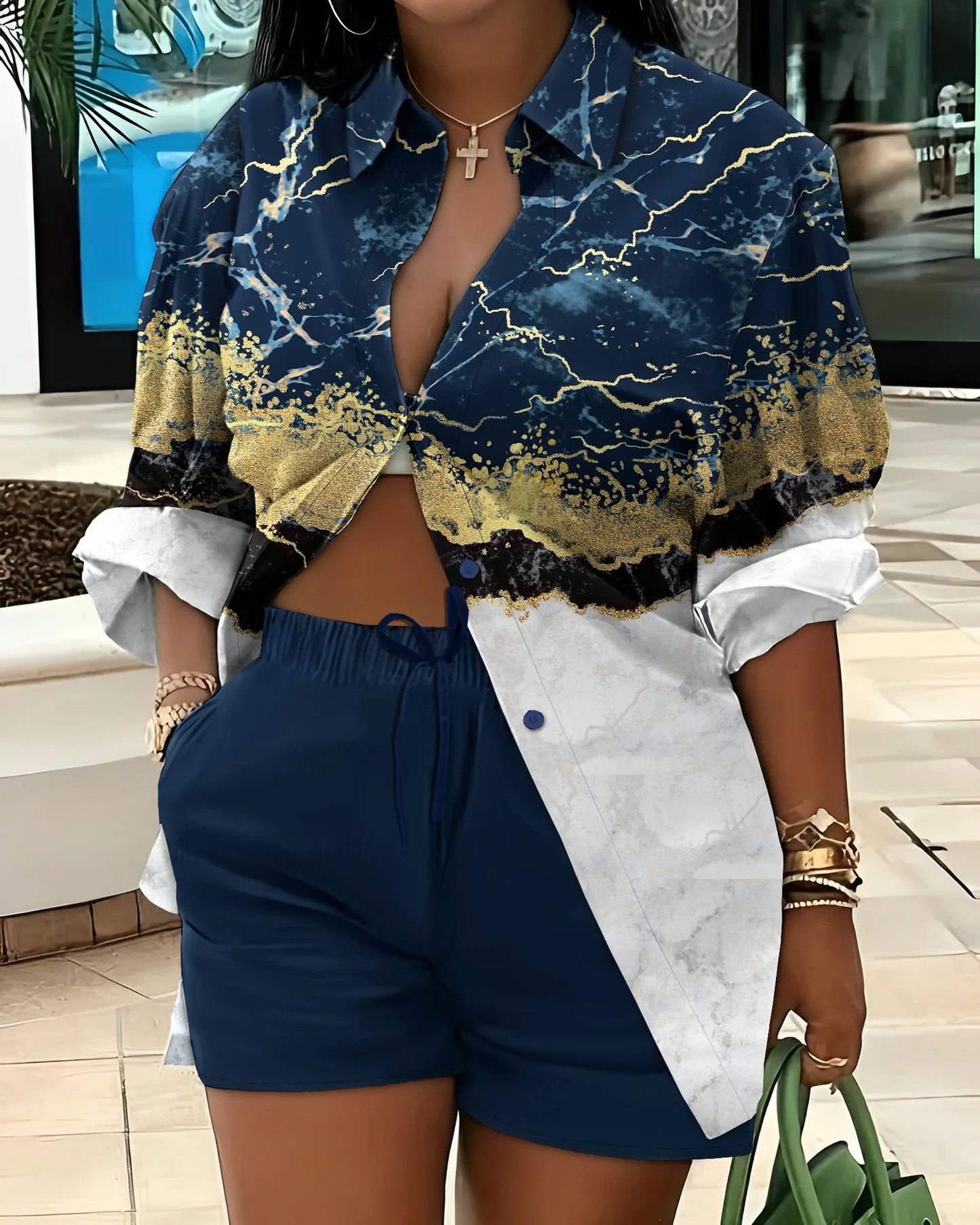 Casual Geometric Print Shirt Shorts Two Piece Set for Women