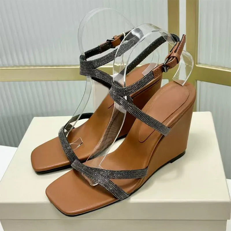 Square Toe Suede Wedge Sandals With Beaded Straps For Women