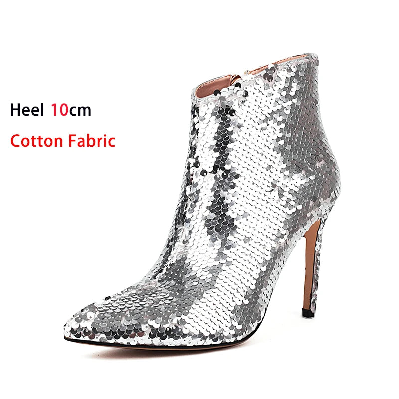 Sequined Pointed Toe Ankle Boots with Stiletto Heels for Women
