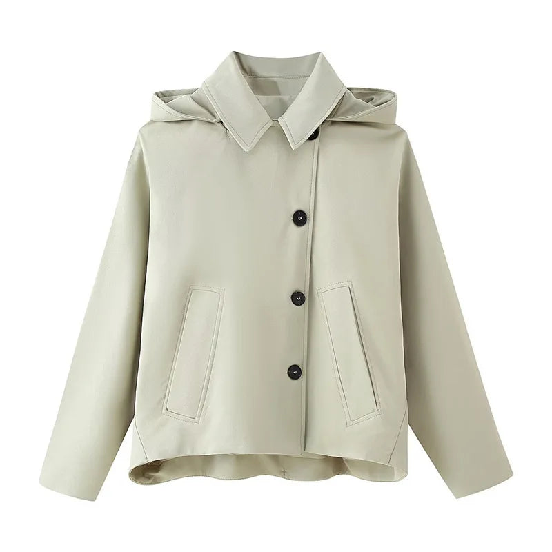 Vintage Single Breasted Women 's Treach Coats Loose Hooded Pockets Full Sleeve Short Jacket Female 2025 Autumn New Lady Outwears