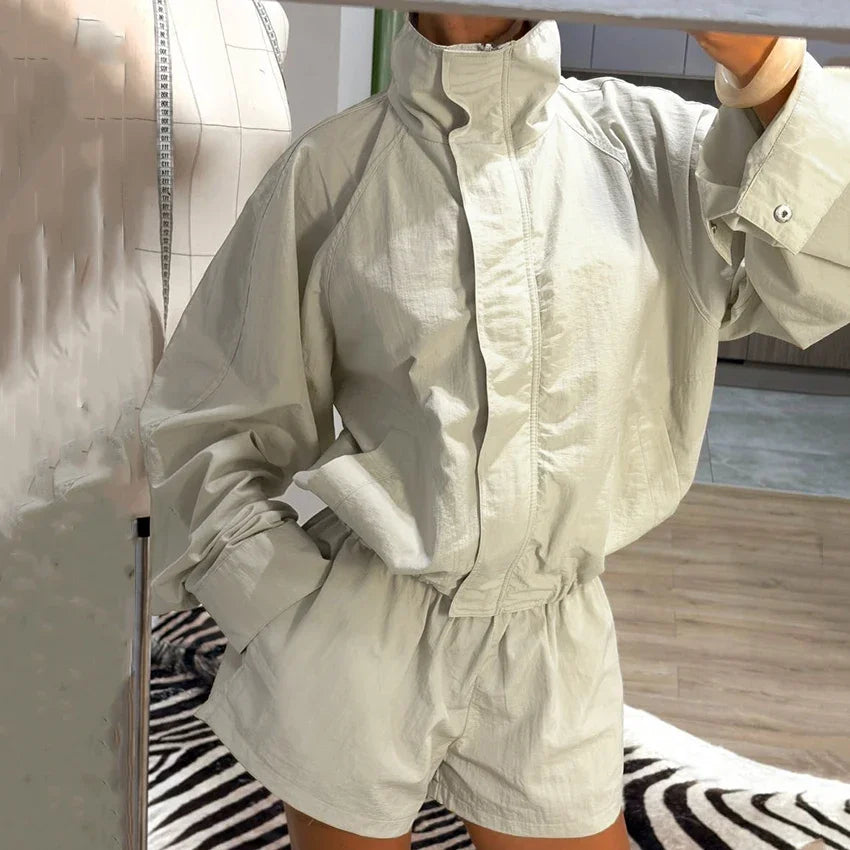 Loose Fit Zip Up Windbreaker Jacket and Shorts Set for Women