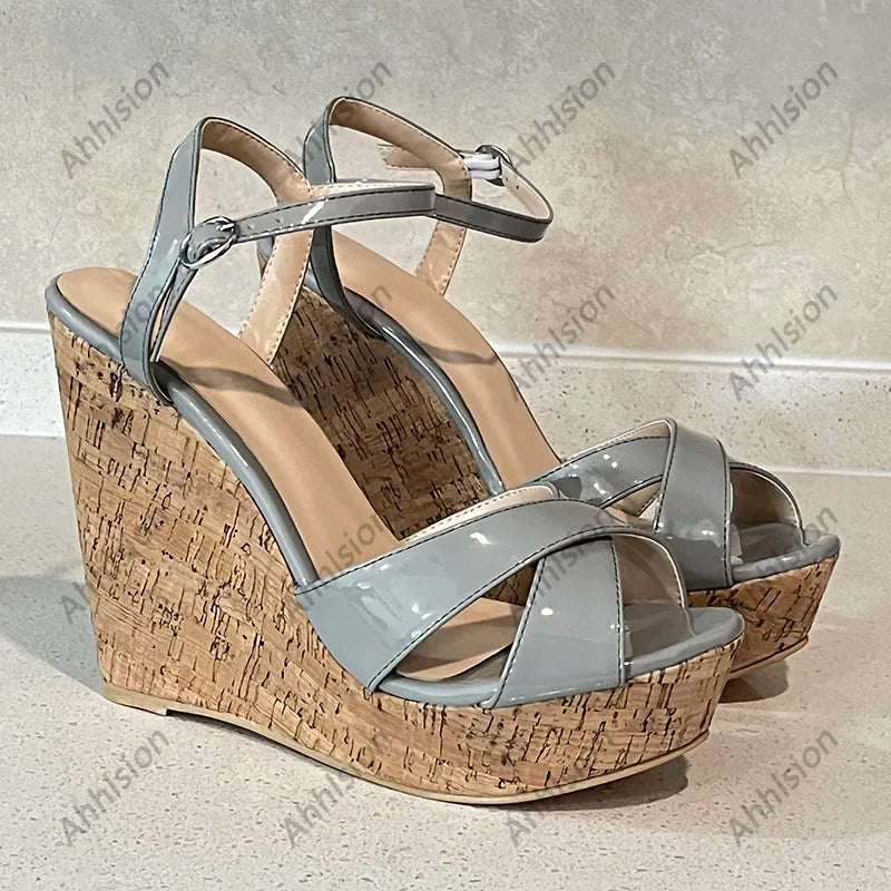 Comfortable Grey Platform Open Toe Wedge Sandals With Buckle Strap For Women