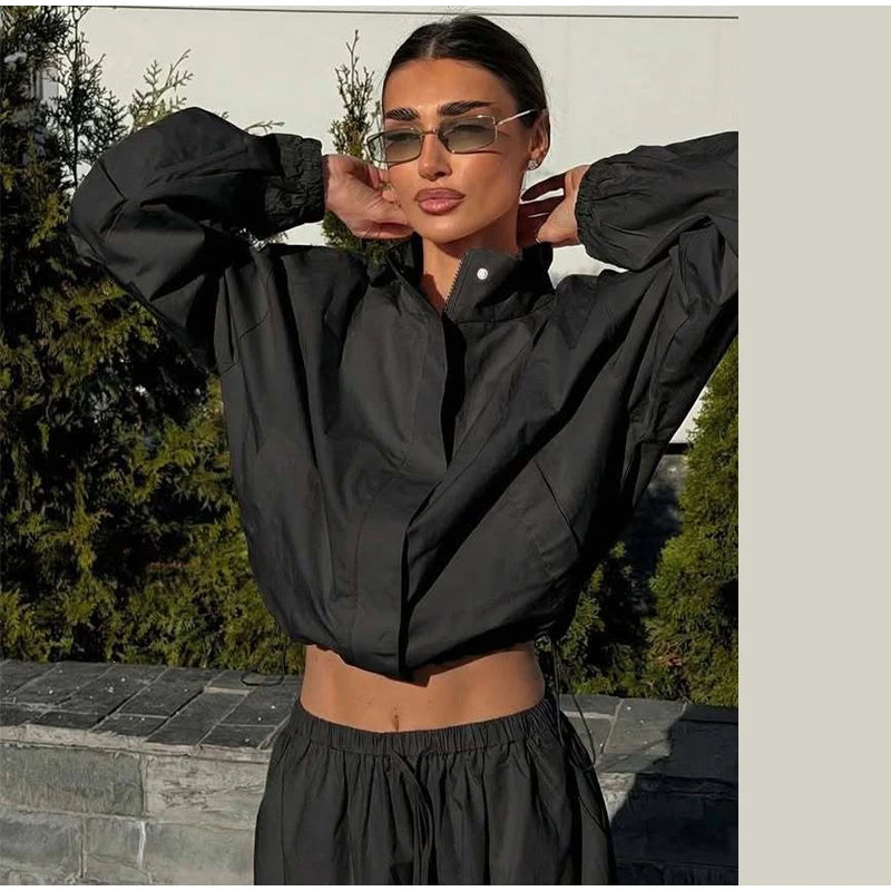 Solid Loose Suit Set with Stand Collar Crop Top and Drawstring Pants for Women