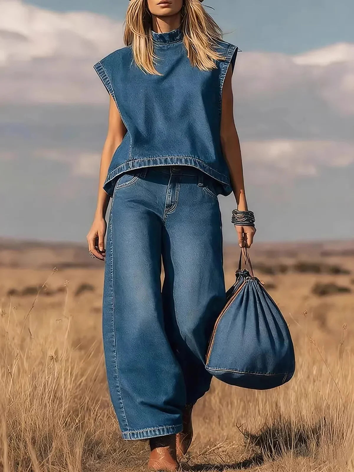 Vintage Sleeveless Denim Two Piece Casual Set For Women