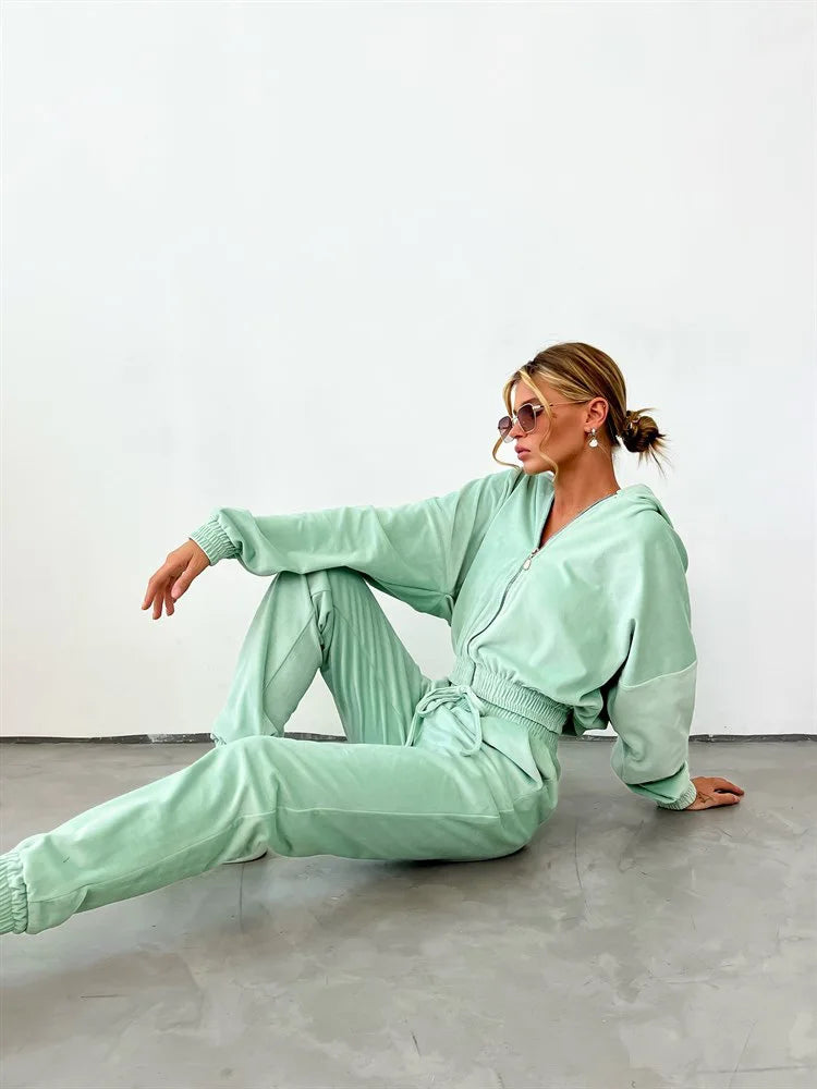 Hooded Zipper Hoodie and Trouser Tracksuit Set for Women