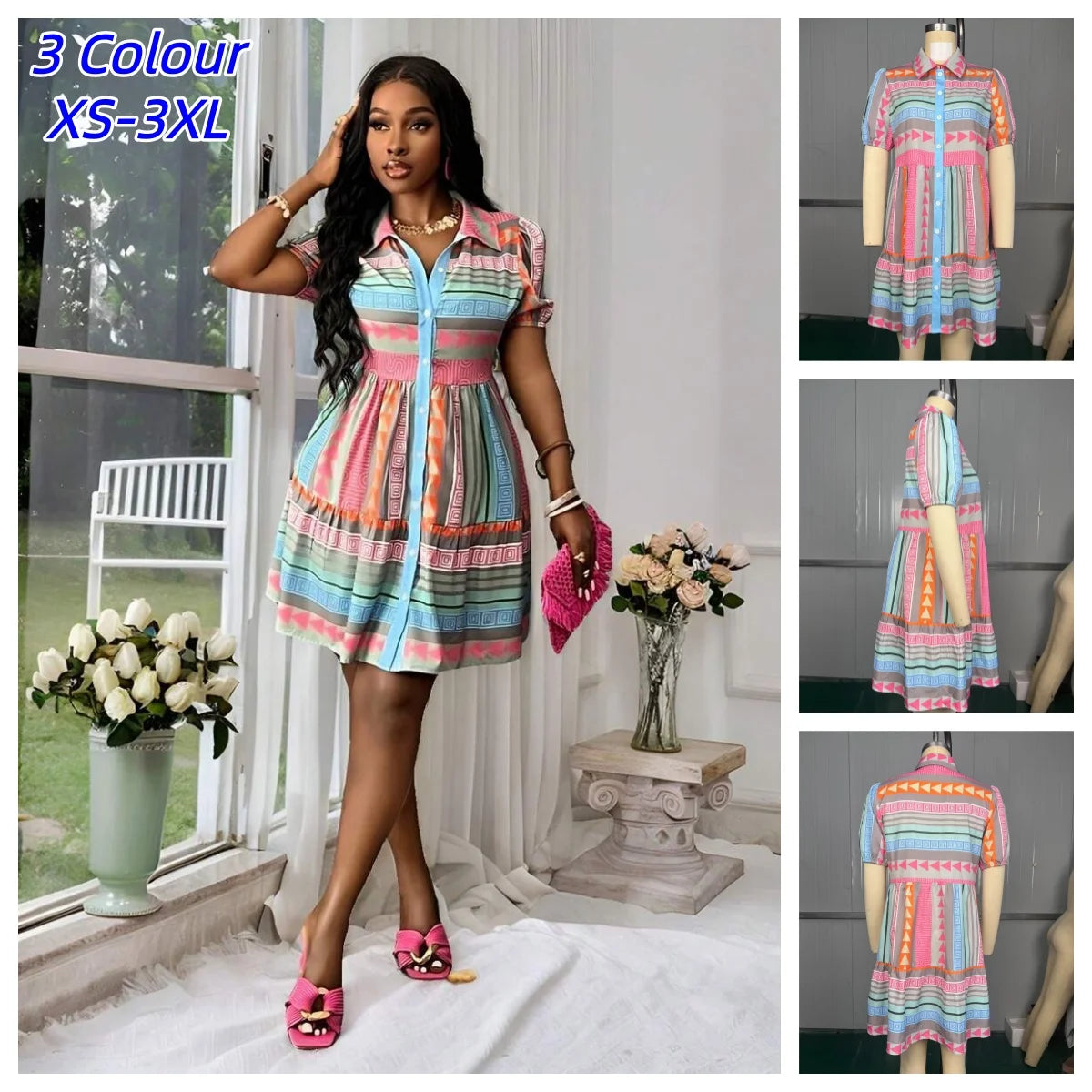 Vintage Floral Print Ruffle Mini Shirt Dress for Women