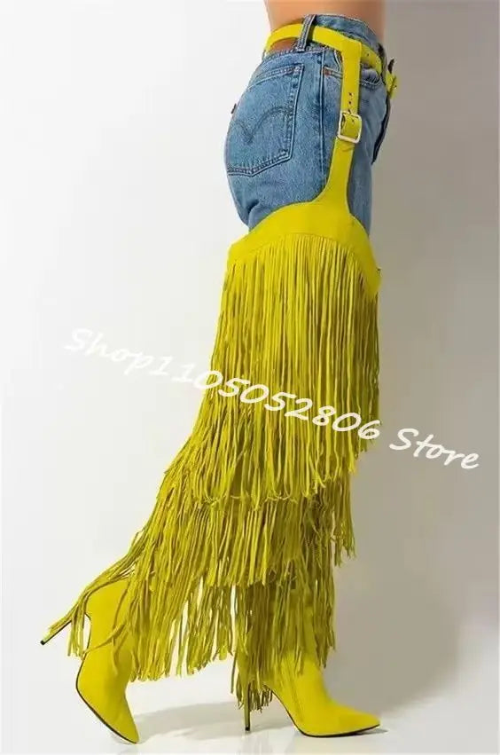 Fringe Belted Suede Over the Knee Boots with Pointed Toe and Thin Heel for Women