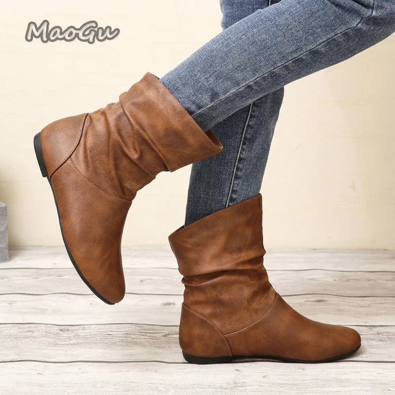 Modern Pleated Leather Square Heel Boots For Women