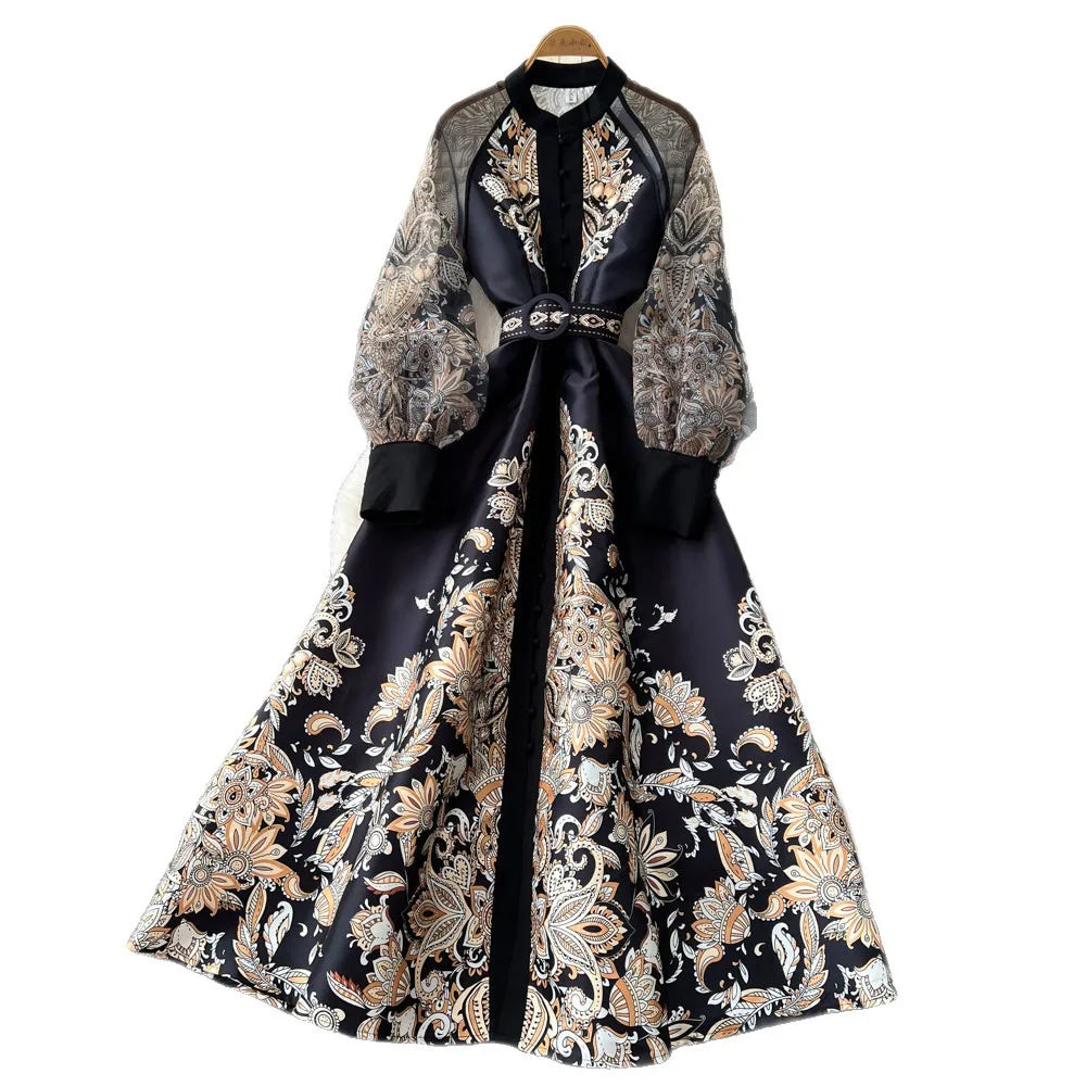 Elegant Printed Mesh Spliced A Line Maxi Dress for Women