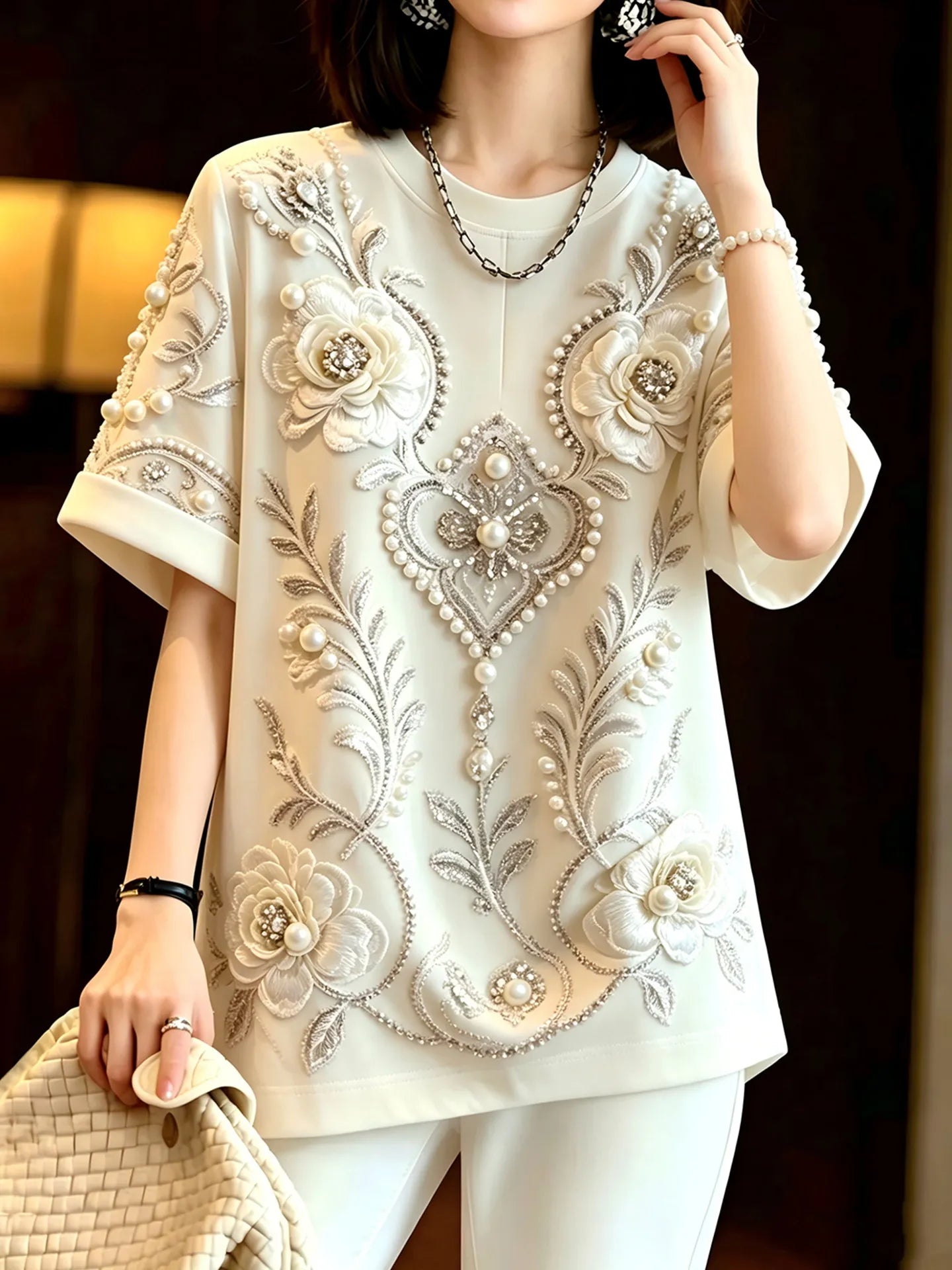 High Quality New Spring Summer Oversize Pullover Top All-match Short Sleeve T-shirt Luxury Diamonds Beading Female Casual Tees