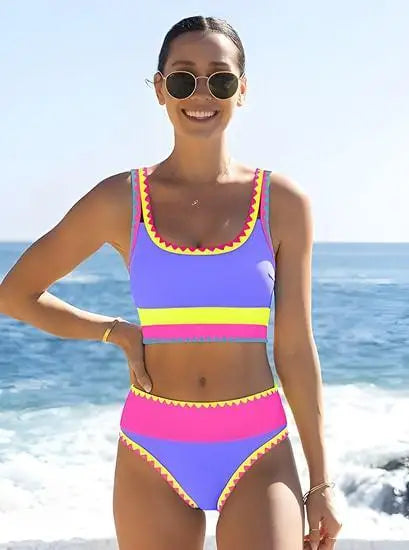 Women's Bikinis And Tankinis High Waist Color-blocked Zigzag Swimsuit 2026 Three Piece Cover-ups Bikini Beach Vacation Swimwear