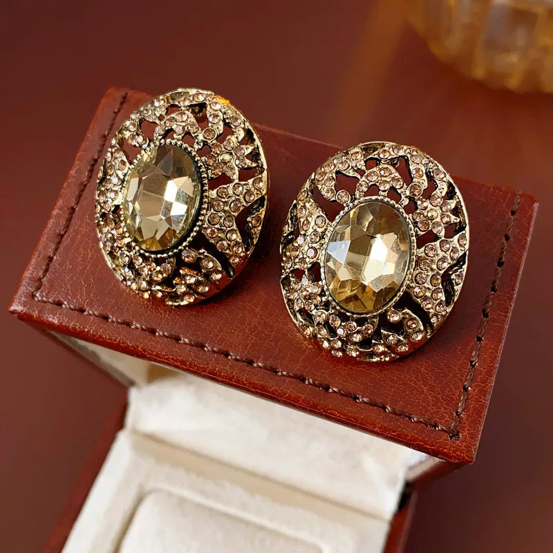 Retro Oval Rhinestone Stud Earrings