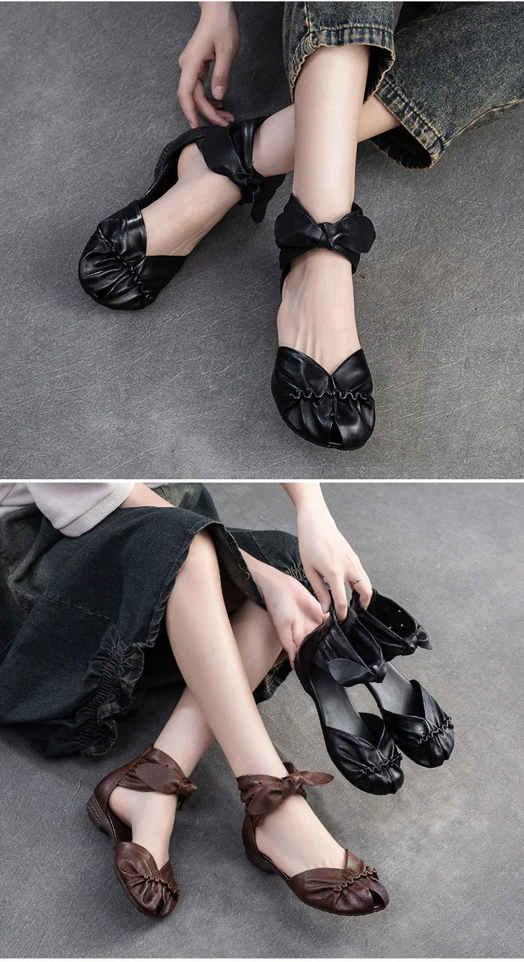 Genuine Leather Breathable Low Heel Peep Toe Sandals for Women