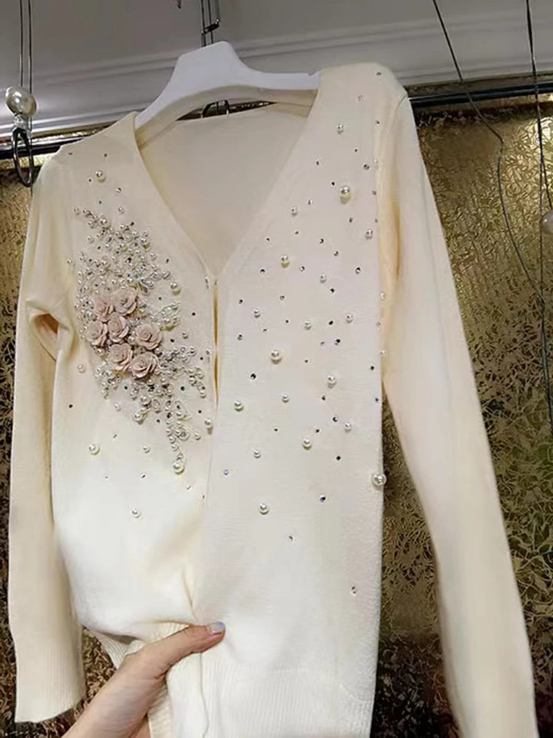 Spring Autumn 2024 Luxury Sparking Beaded Knitted Cardigan Women Heavy Industry Pearl 3D Flower Sweater Outwear Coat Top