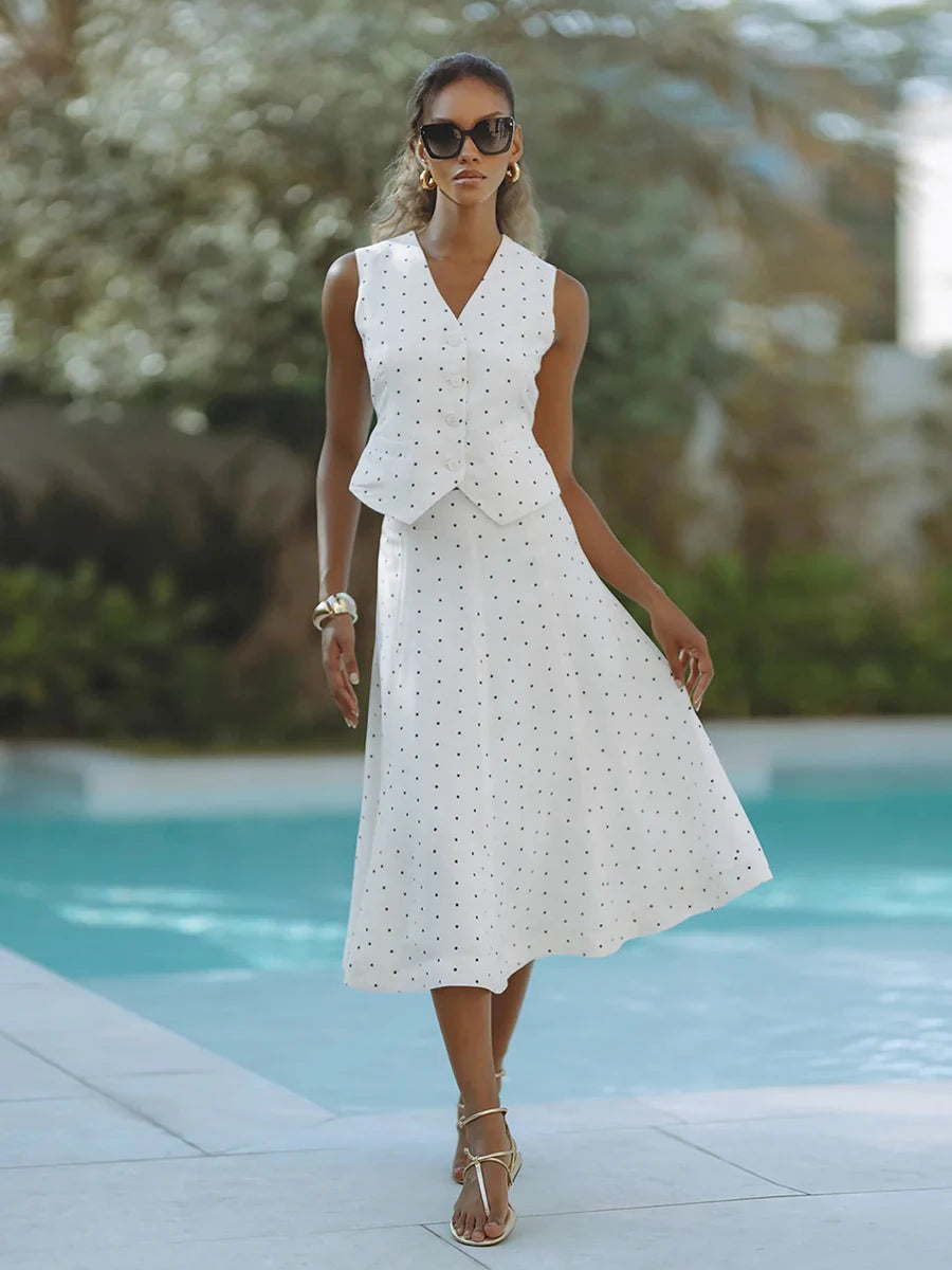 Elegant Polka Dot V Neck Sleeveless Two Piece Set For Women