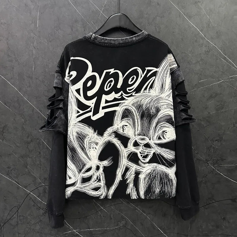 Heavy Industry New Cartoon Distressed Fake Two-Piece Crew Neck Sweatshirt Loose Casual Versatile Top Autumn Long Sleeves Hoodies