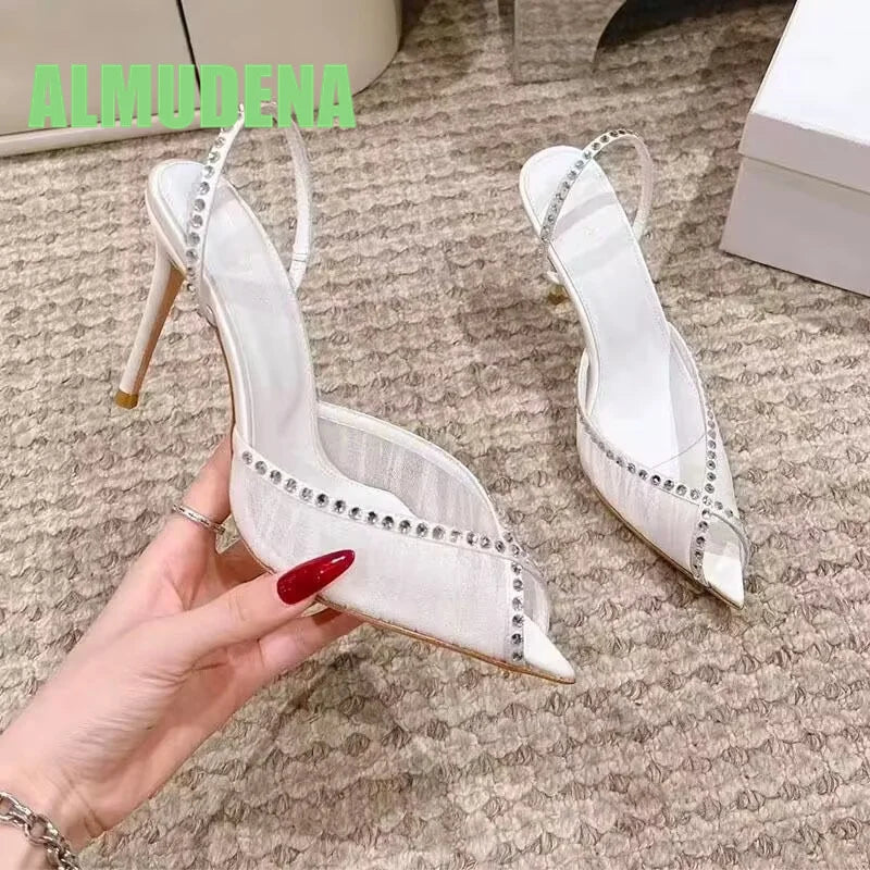 Pointed Toe Pleated Lace Rhinestone Buckle Slim Heels for Women