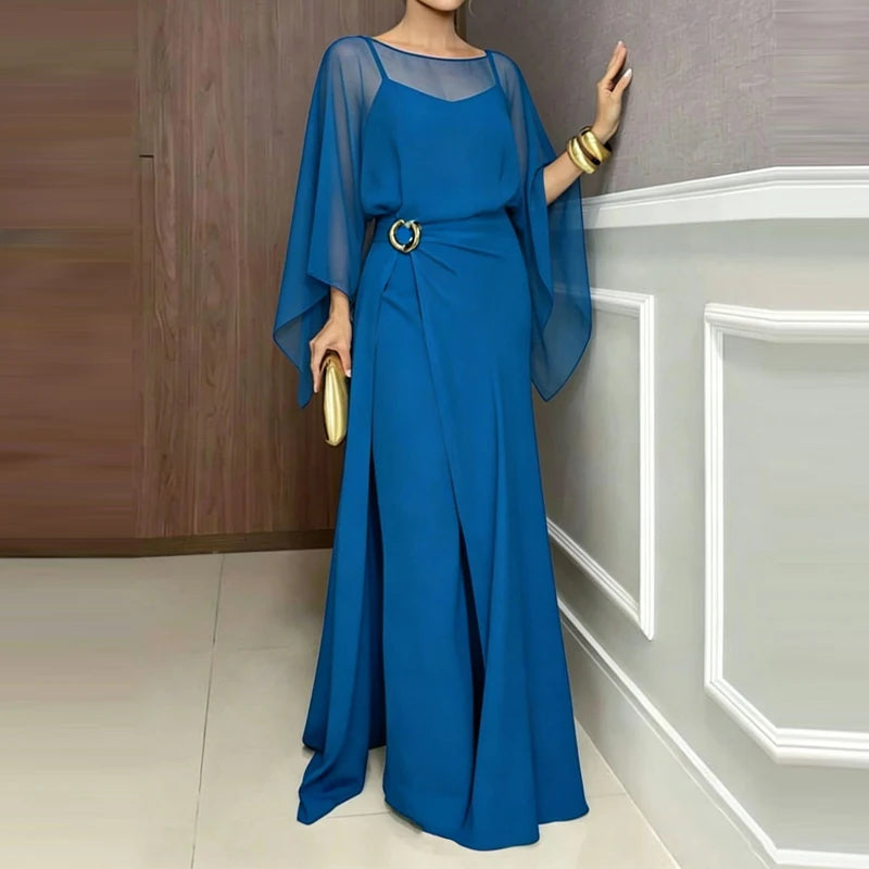 Elegant O-neck Cover Up Playsuit Match Off Shoulder Romper Women Fashion Chiffon Overalls Long Sleeve Solid Wide Legger Jumpsuit