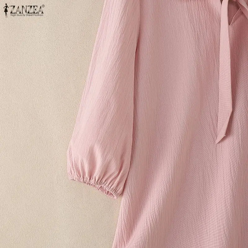 Crinkled Bow Tie Neck Puff Sleeve Blouse for Women