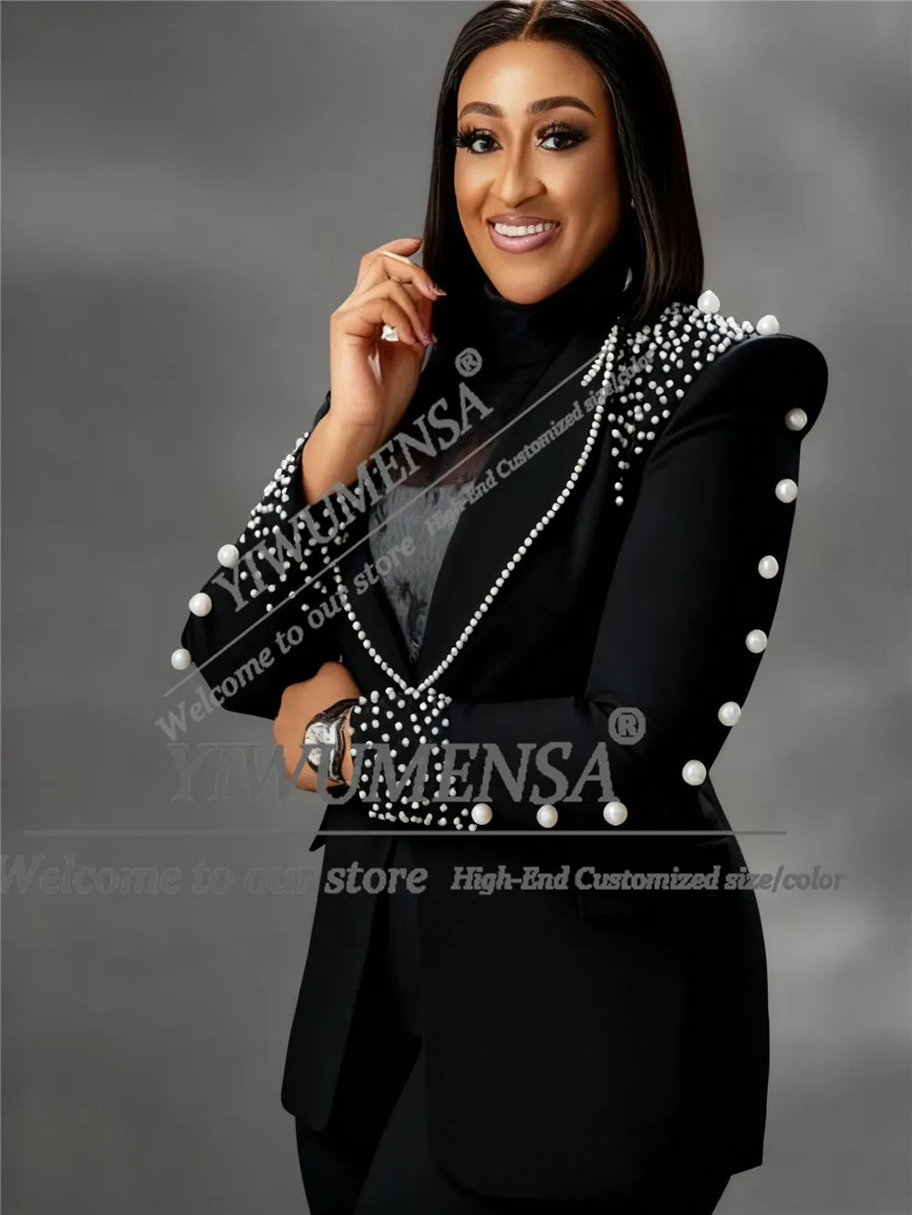 Pearl-Embellished Blazer Two-Piece Suit