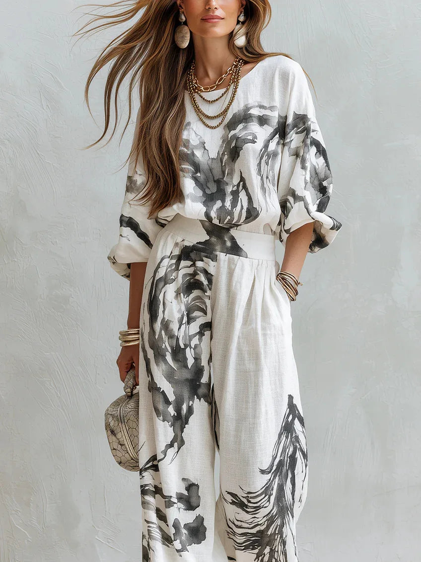 Casual Retro Printed Two Piece Pants Set for Women