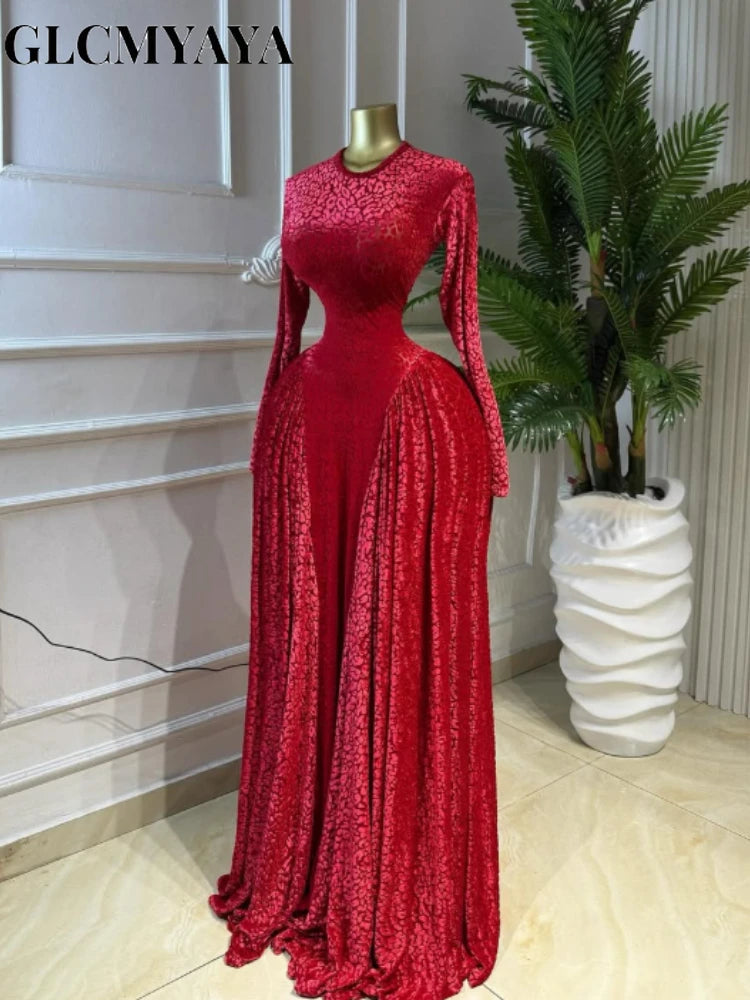 Elegant Pleated O Neck Long Sleeve Maxi Dress For Women