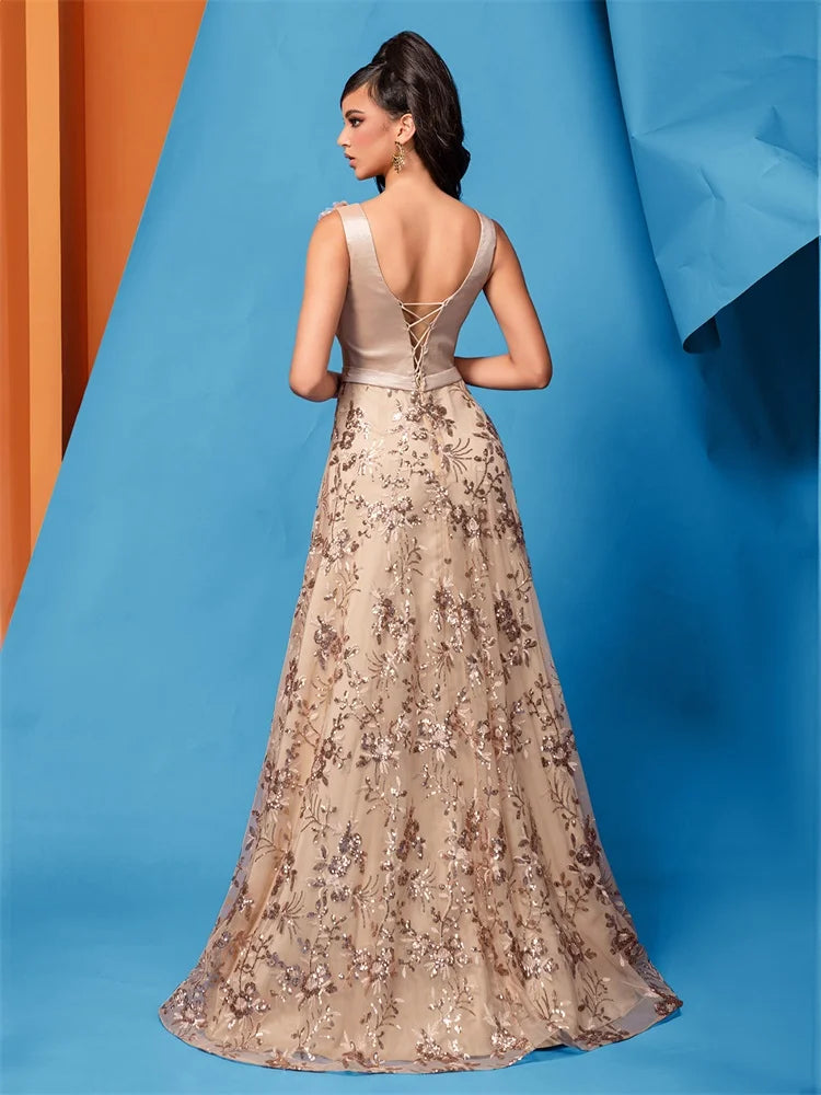 Elegant V-Neck Gold Floral Evening Dress Long 2024 Luxury Women Chiffon Sleevesless Party Dress Prom Cocktail Dress