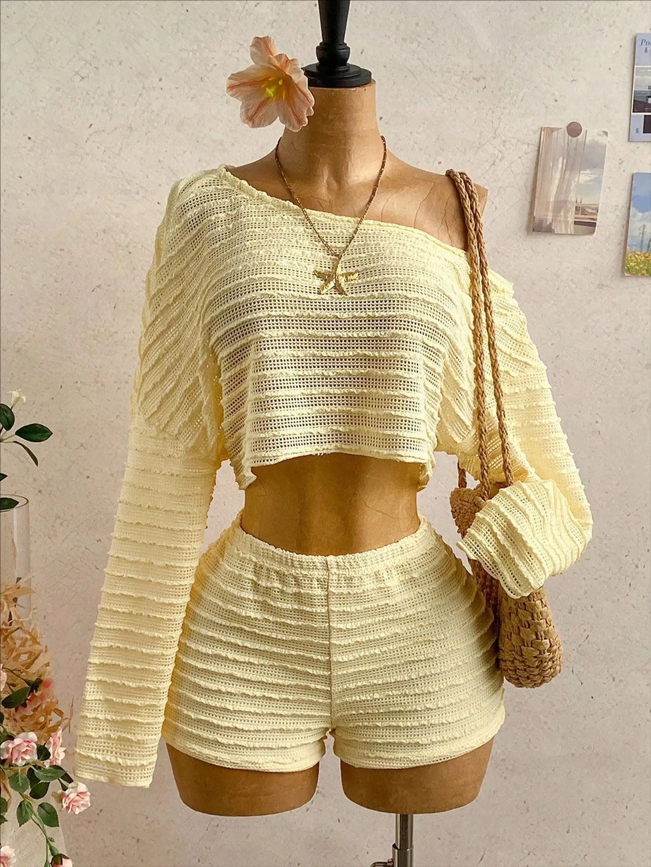 Slanted Shoulder Knit Two Piece Shorts Set for Women