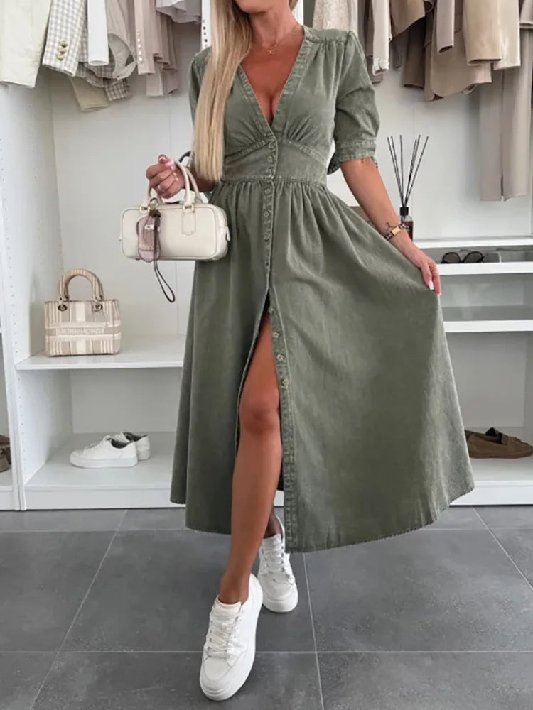 Spring Summer V Neck Fashion Maxi Dress, Women Half Sleeve Elegant Simple Party Dress, Single-Breasted Chic Ladies Dress Vestido
