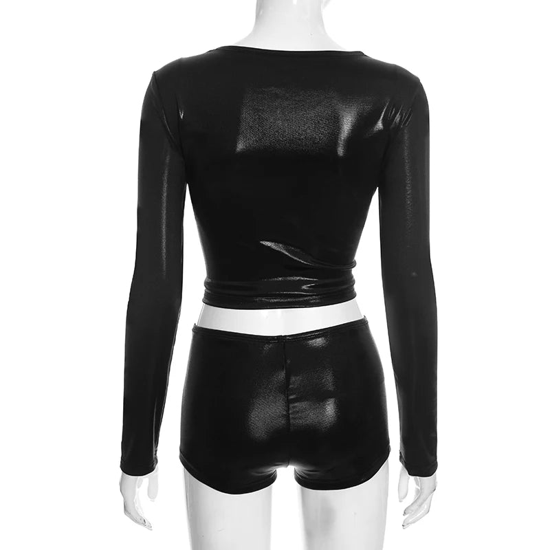 Silk Long Sleeve Two Piece Set Crop Top and Shorts for Women