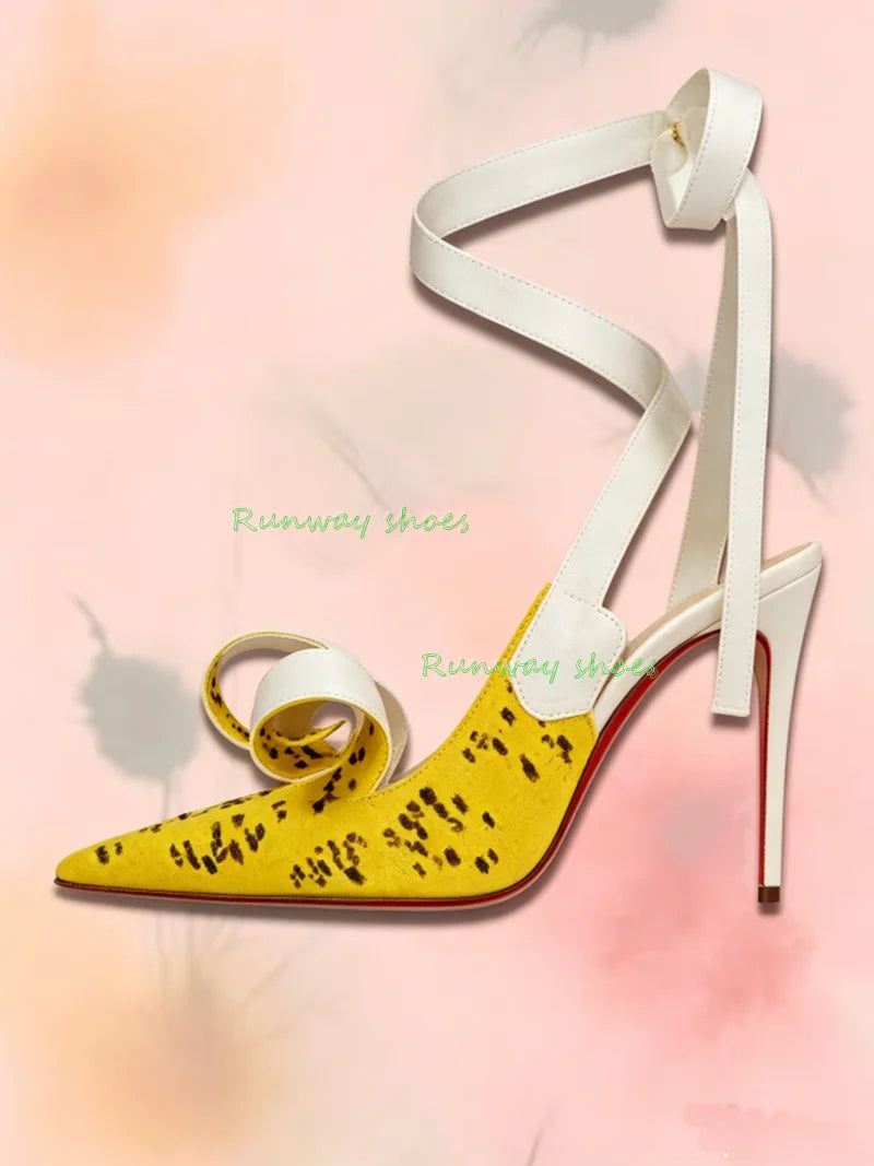 Bright Yellow Silk Pointed Stiletto Heels With Ankle Strap For Women